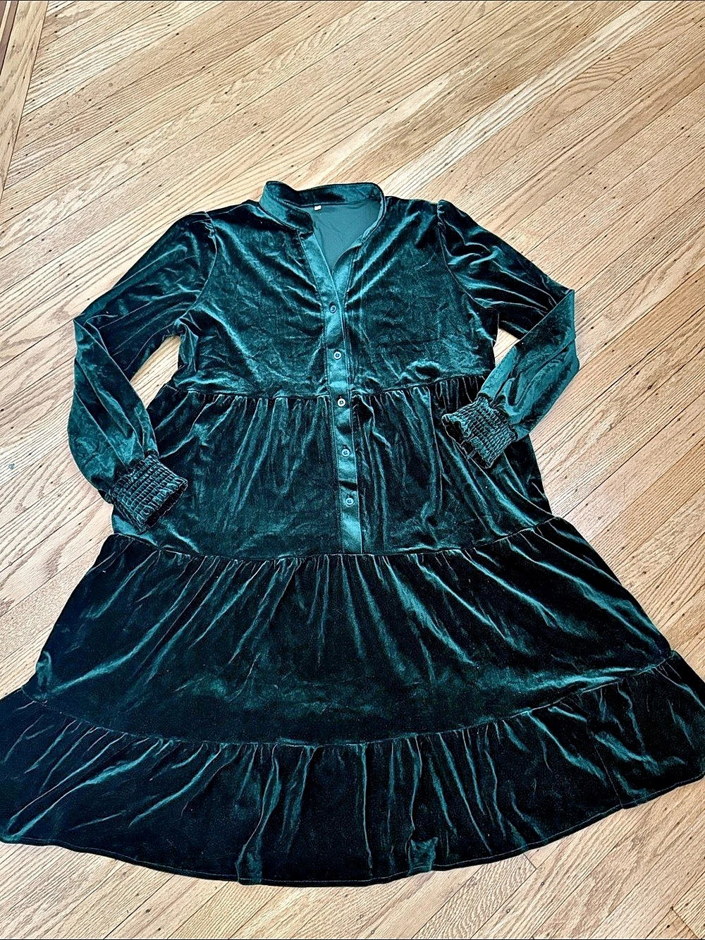 Emerald Green Velvet Tiered Button Front Midi Dress XL